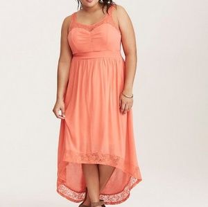 Torrid Coral 2x Lace Gauze Hi-Lo Maxi Dress plus
